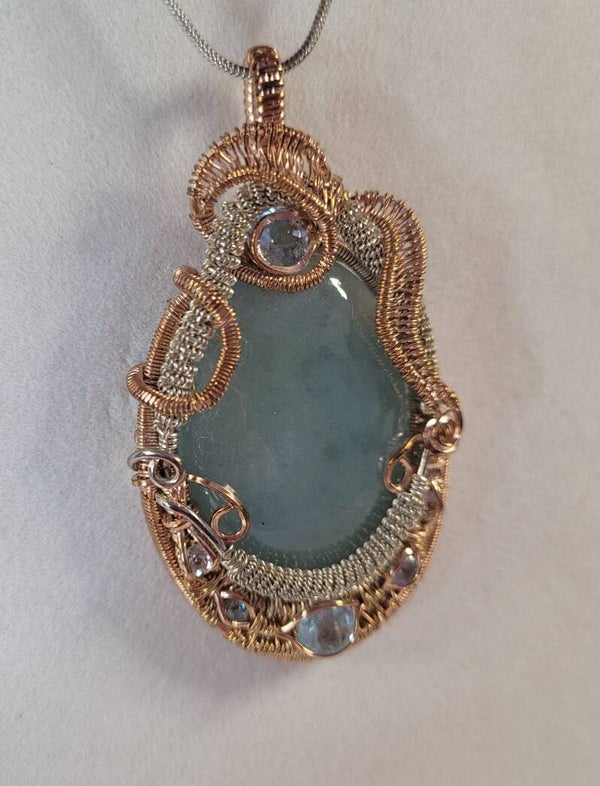 Aquamarine and Blue Topaz Wire Weave Mixed Metals Pendant