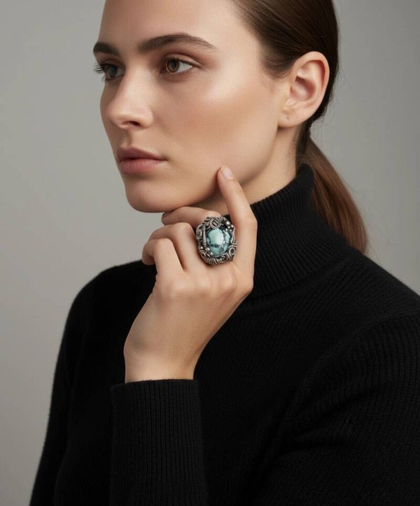 Turquoise Surrounded by Sterling Silver Wire Weave Ring
