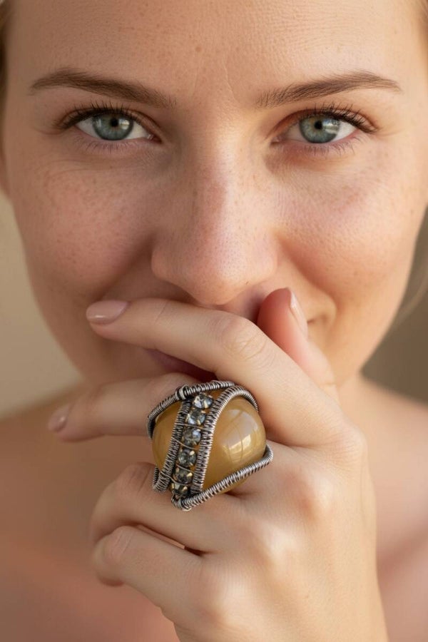 Butterscotch Gem with Rhinestone Strap Sterling Silver Ring