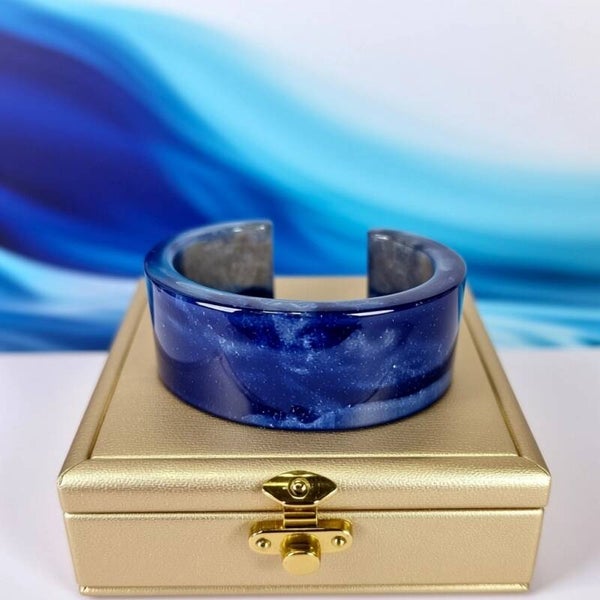 Bold, Marbled Blue/Gray Resin Art Bracelet Cuff