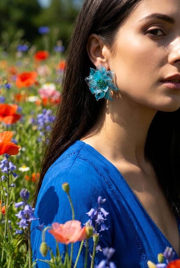 "Springtime" Lake Blue Floral Post Earrings