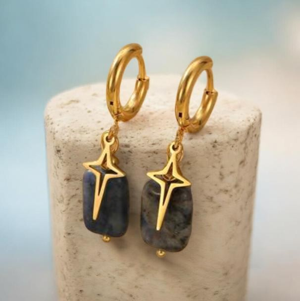 Gouden Oorringen met Blauwe Natuursteen & Ster