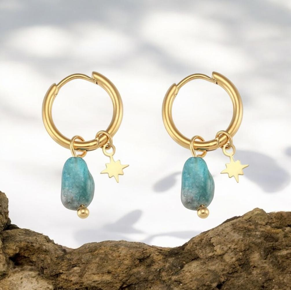 Gouden Oorringen met Turquoise Natuursteen & Ster Hanger