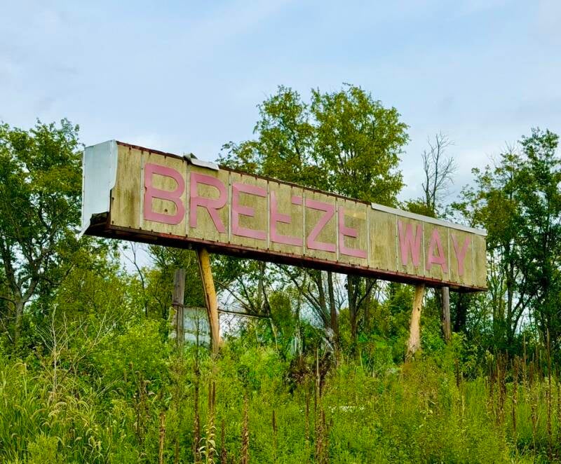 Old Breezeway Drive-in Sign overgrown with weeds