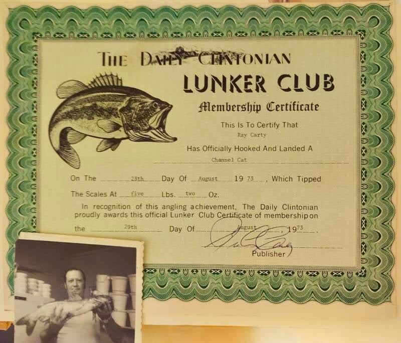 Lunker Club Certificate with picture of Dad holding a huge catfish