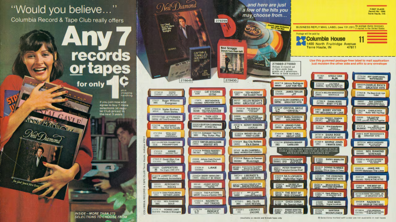 Ad for Columbia House club offering 7 records or tapes for  a penney.