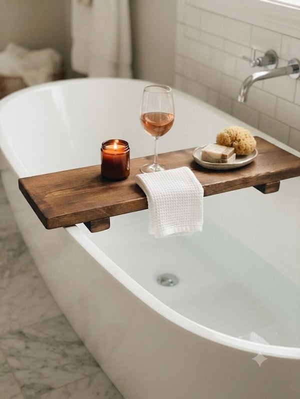 Rustic Handcrafted Solid Wood Bath Caddy - Reclaimed - Recycled Timber - Board - Shelf
