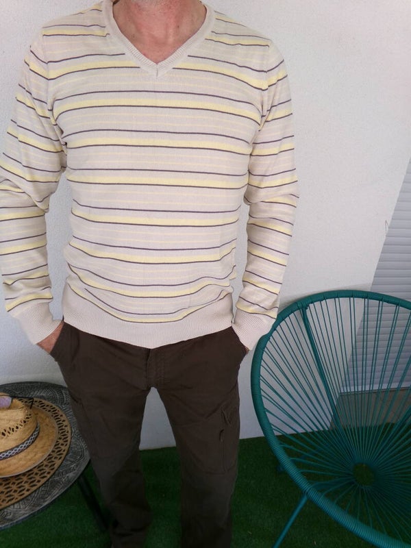 Pull Col en V Couleur à ligne Jaune Beige JULES Taille M