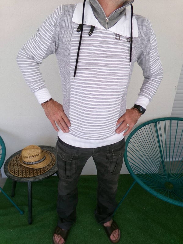 Pull original Blanc et Gris Marque BEL MODE Taille XL NEUF