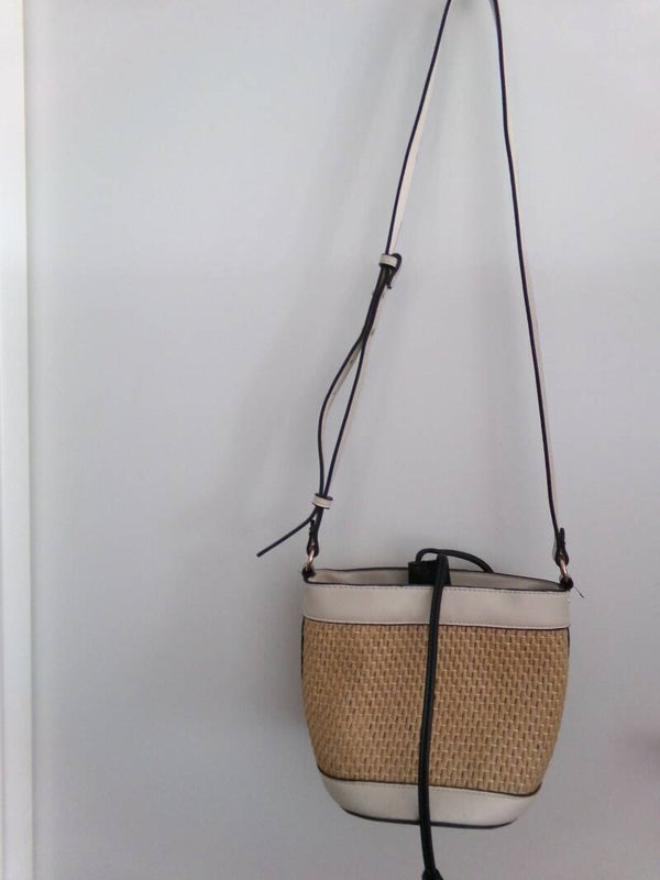Sac à mains cuir et paille Beige liseré noir Minelli