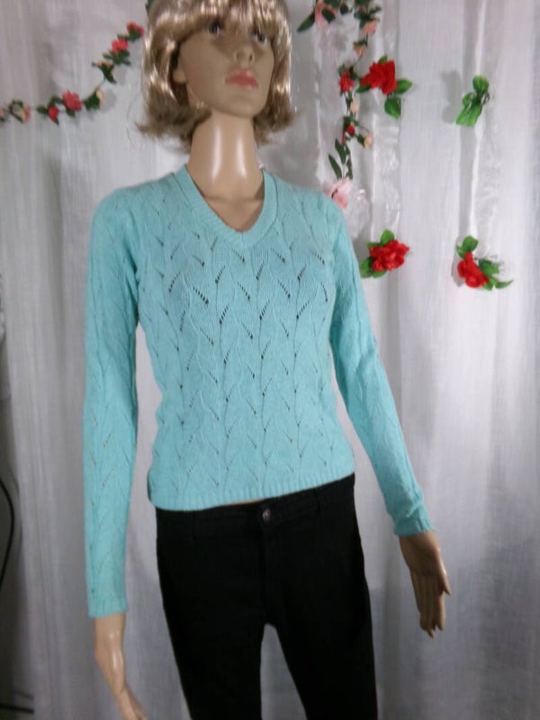 Pull en V Près du corps, ajouré, Turquoise, Vert Anis, Bleu marine Taille S