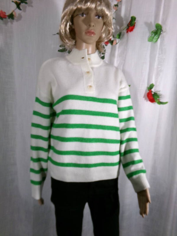 Pull Doux, Léger, Blanc à lignes vert flashi, KIABI Taille M NEUF avec étiquette