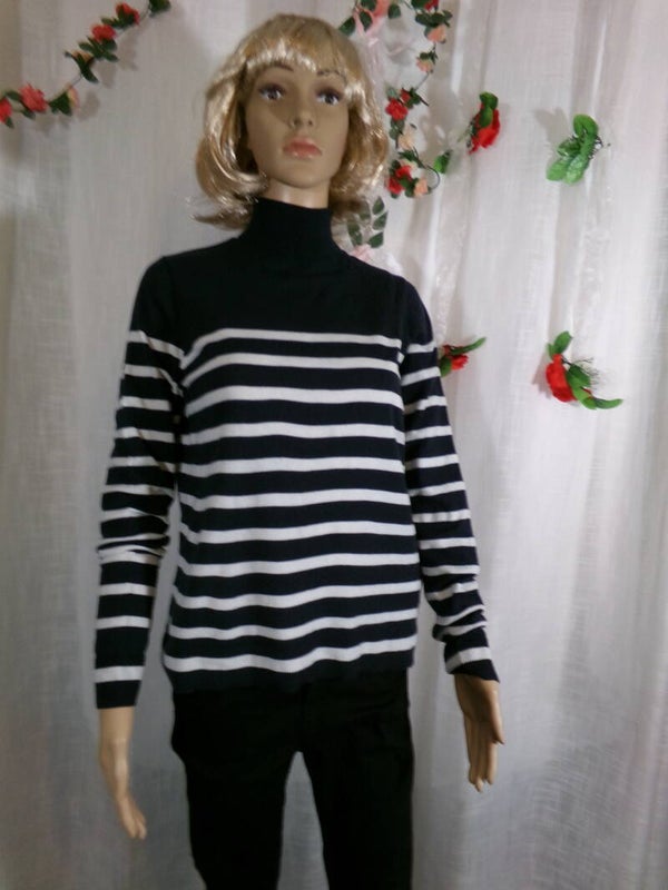 Pull Marin fin, col roulé, Bleu Marine et Blanc KIABI Taille M