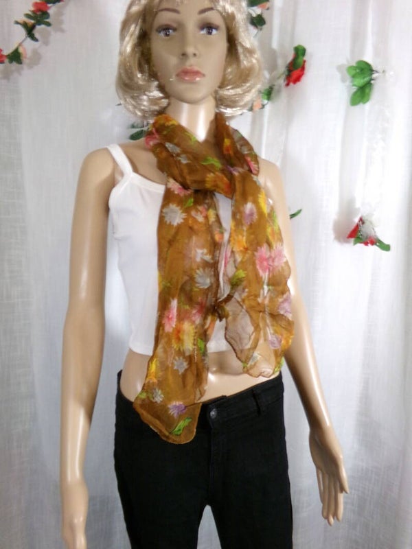 Petit foulard de cou marron à fleur, matière voilage Excellente