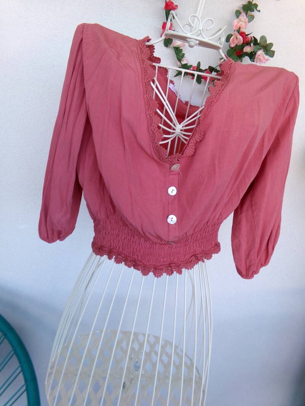 Haut Printemps/Eté Court Rose saumon Manches Mi-longues Taille S