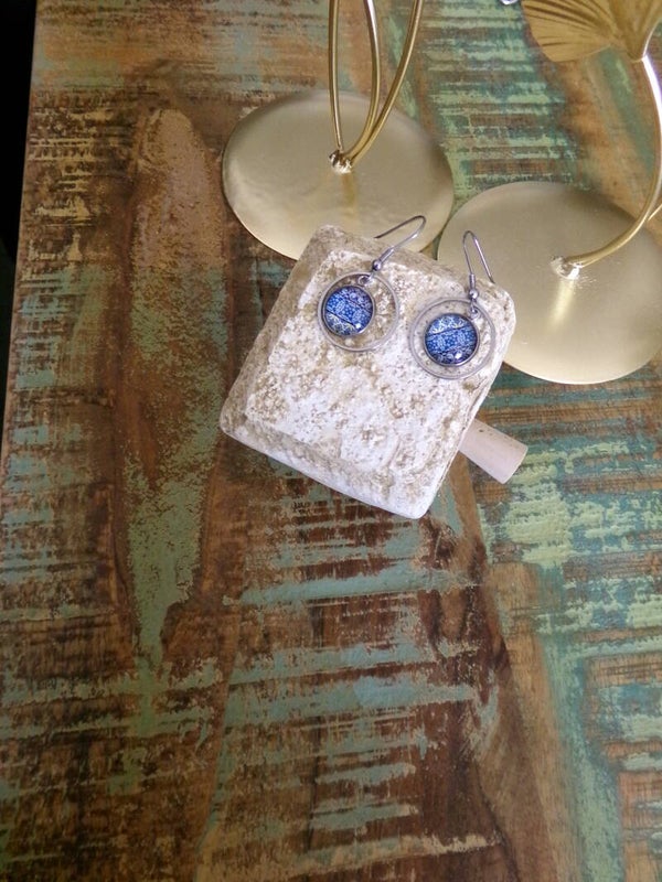 Boucles d'oreille rond Céramique, ton bleu, branchées, décalées, Fait main