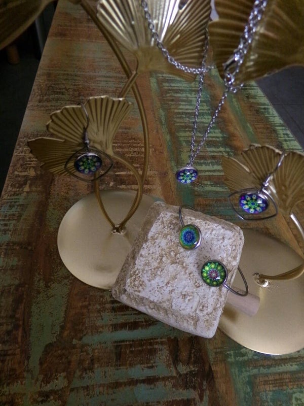 PARURE H Collier, Bracelet, Boucles d'oreilles, banchés, décalés, UNIK Fait main