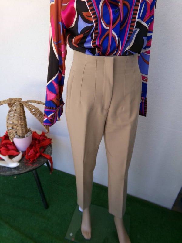 Pantalon beige ZARA poches zippées, deux pinces Coupe Droite, NEUF