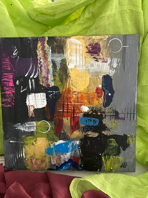 PETITE TOILE 25X25 CM  SUR 2MM Plate INTITULE L'INTRIGUE SIGNE AJ