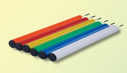 Obstacle poles, slalom poles, grid and boundary poles with pole bases for agility circuits.