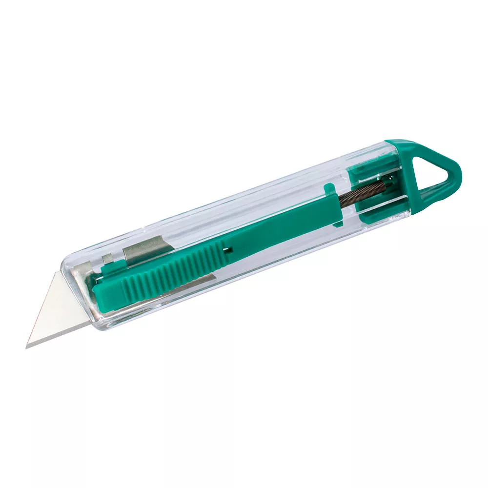 CÚTER DE SEGURIDAD DE PLÁSTICO CON CUCHILLA TRAPEZOIDAL