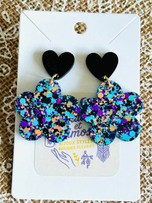 Boucles d’oreilles Cœur et fleurs pailletées