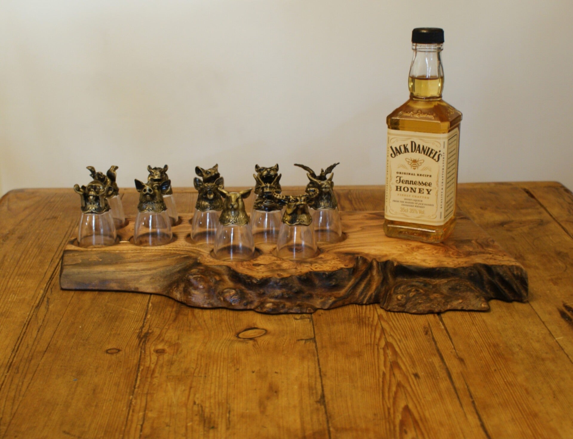 Stunning live edge Burr wood shot board with 12pc Chinese zodiac shot glass set