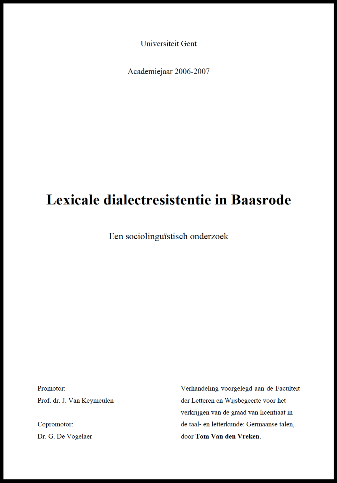 Verhandeling Lexicale dialectresistentie in Baasrode