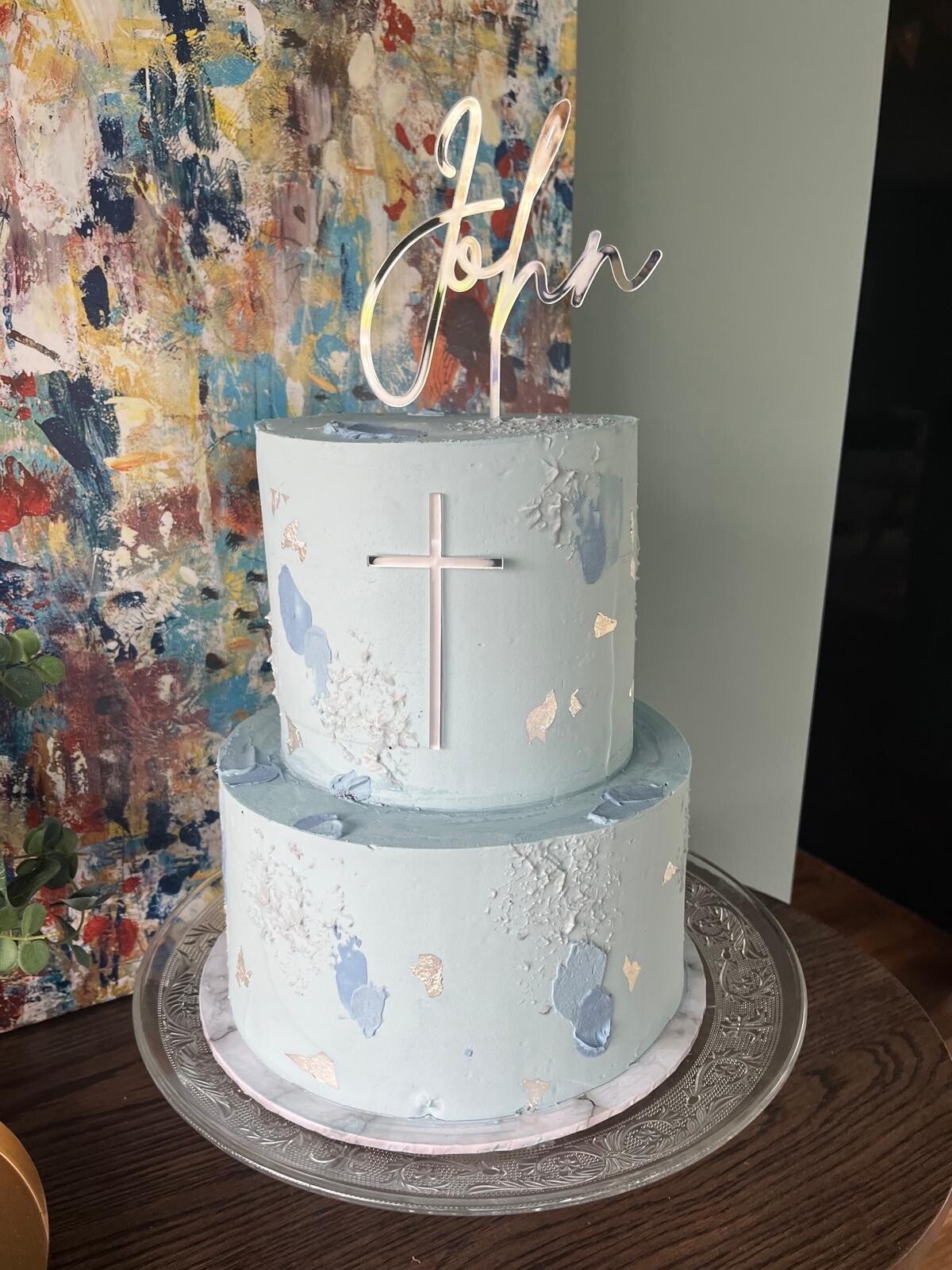 2 tier cake for confirmation celebration in dusty blue and silver.