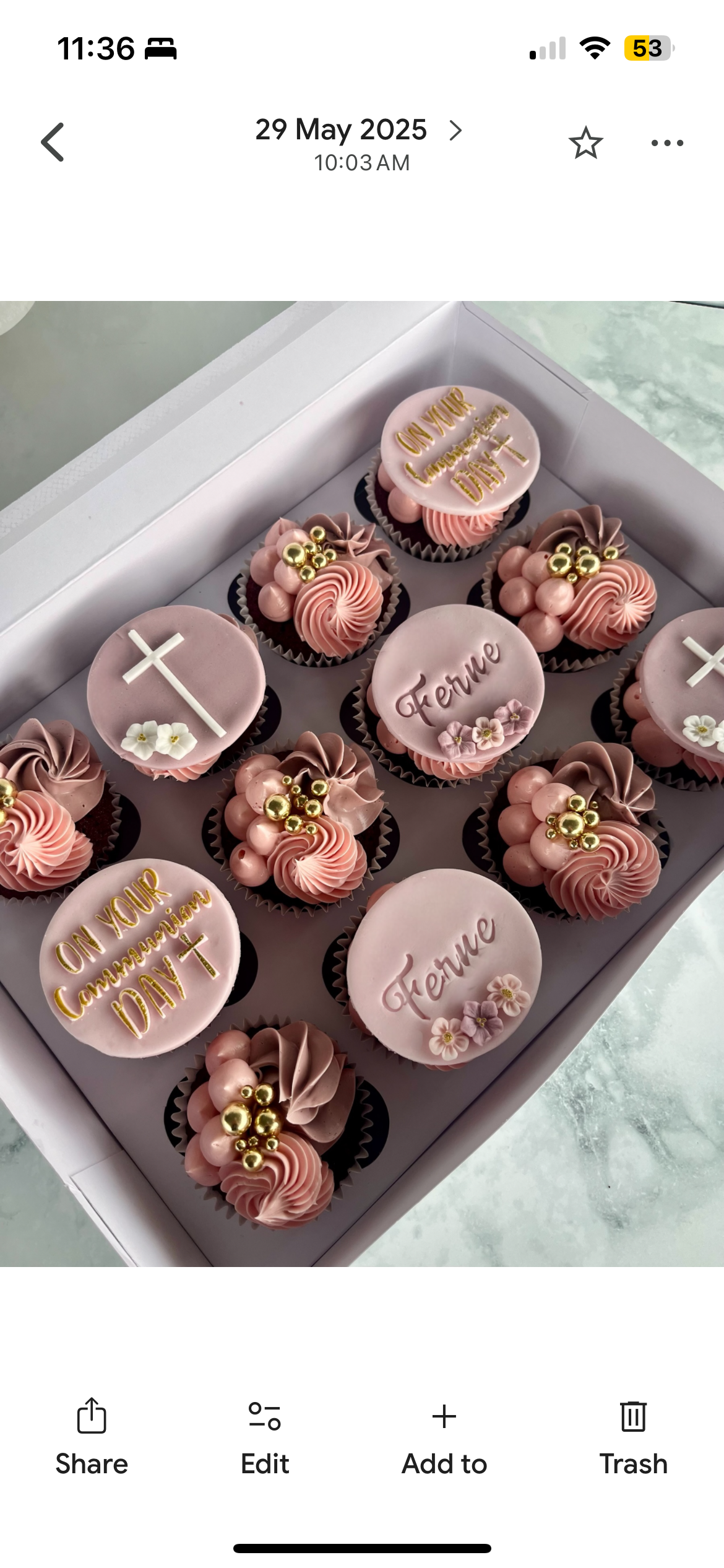 Box of 12 cupcakes in jungle animal theme with cream, green and blue swiss merignue buttercream piped icing.