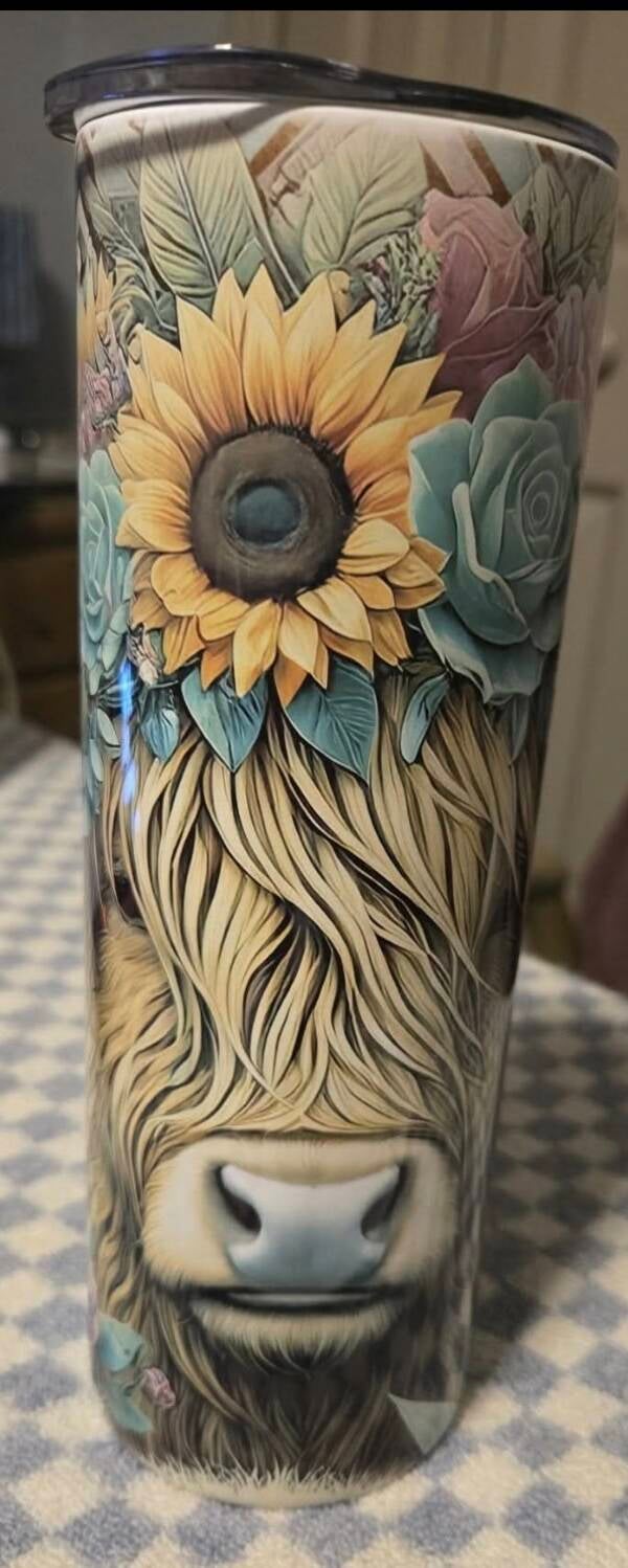 Highland Cow with Flowers Tumbler