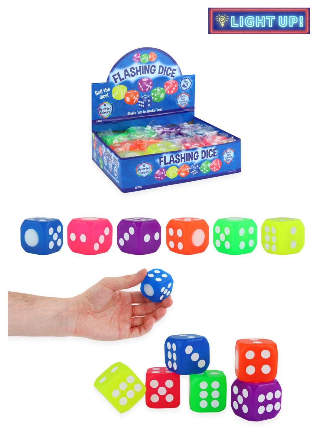Neon Flashing Dice (3.7cm) 6 Assorted Colours