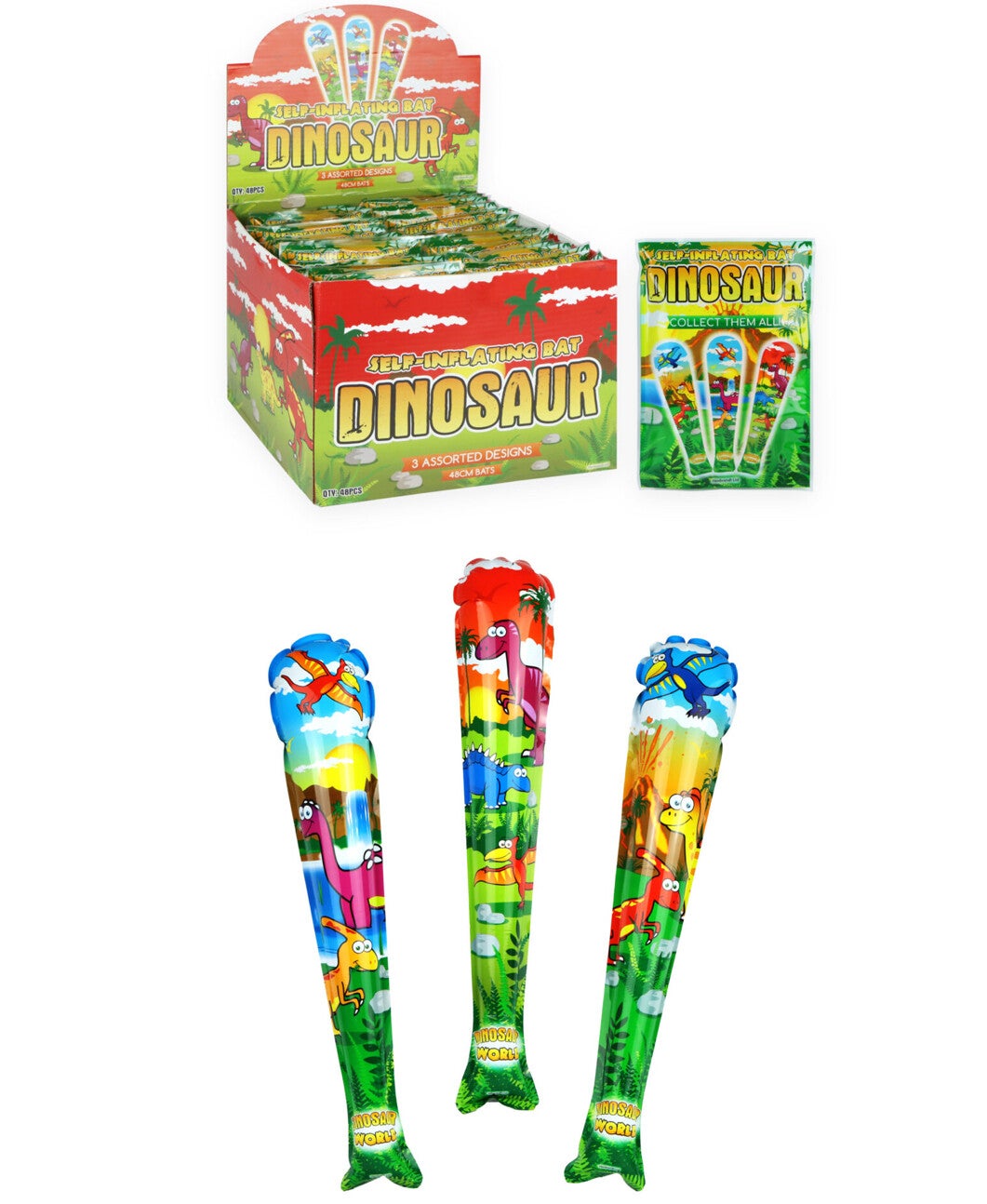 Self Inflating Dinosaur Baseball Bats (48cm) 3 Assorted Designs