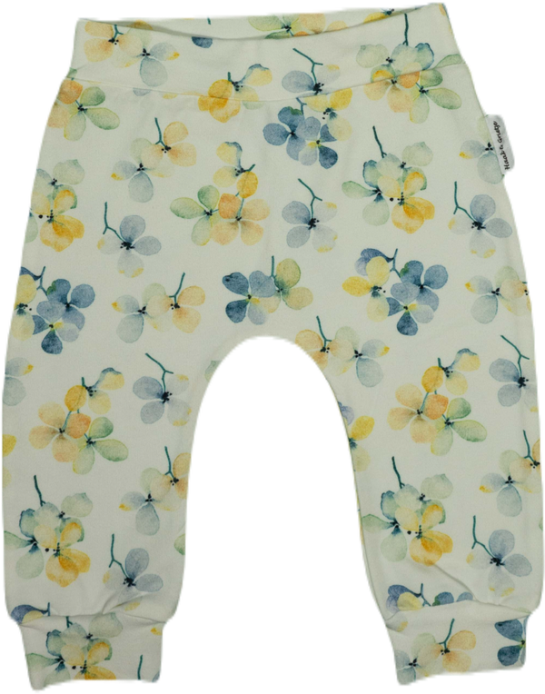 Babybroekje, harembroekje: Mix blauwe en gele bloemen