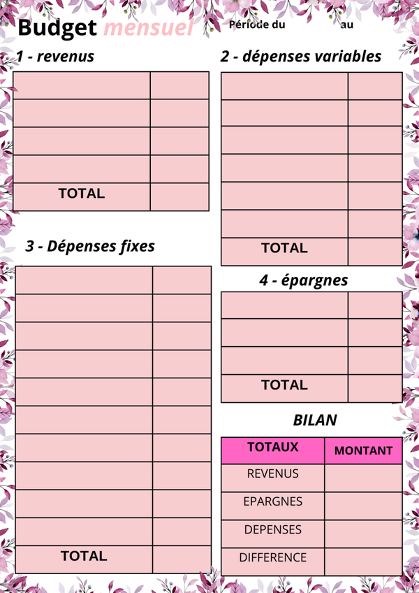 Fiche budget mensuel rose