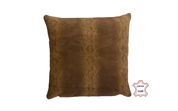 Coussin en cuir velours brun et cacahuète imprimé python