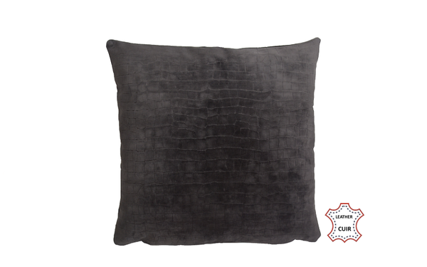Coussin en cuir velours gris anthracite imprimé crocodile