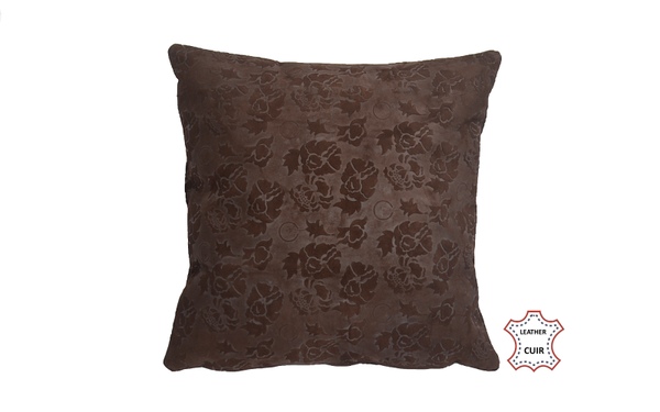 Coussin en cuir marron foncé avec motifs de fleurs
