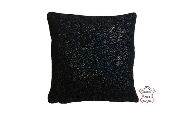 Coussin en cuir suède noir imprimé pois holographiques