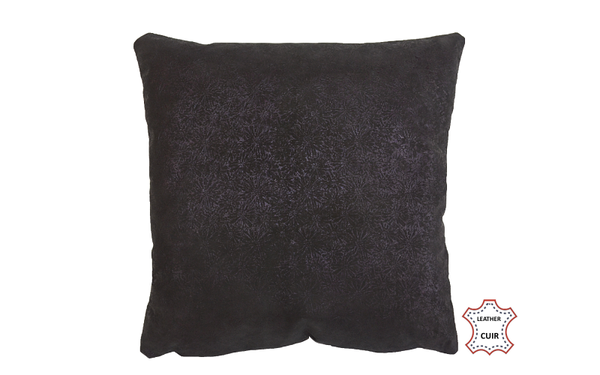 Coussin en cuir noir violacé métallisé motif floral