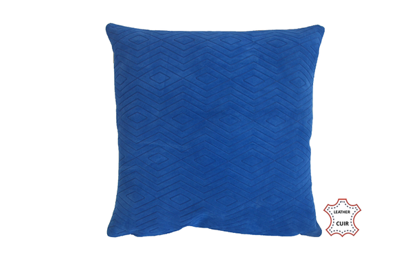 Coussin en cuir suède bleu roi imprimé losange
