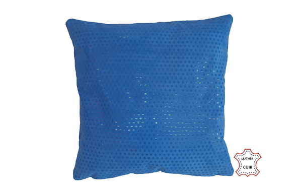 Coussin en cuir suède bleu électrique imprimé pois