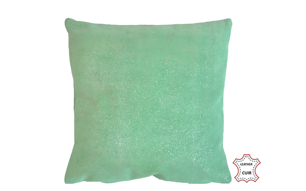 Coussin en cuir suède vert d'eau pailleté