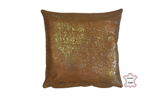 Coussin en cuir velours doré imprimé fleurs
