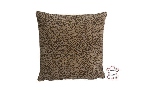 Coussin en cuir suède moka et noir imprimé léopard