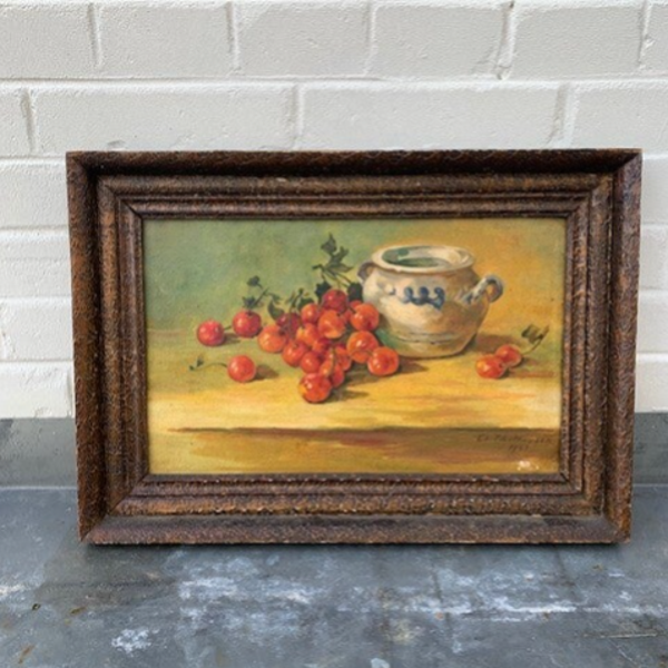 Schilderij op paneel, Stilleven Keulse pot met morellen
