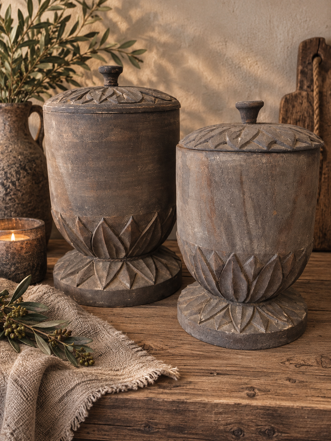Set van 2 Sfeervolle Houten Potten met Deksel (Trapa Living) – Verfijnd Ambacht