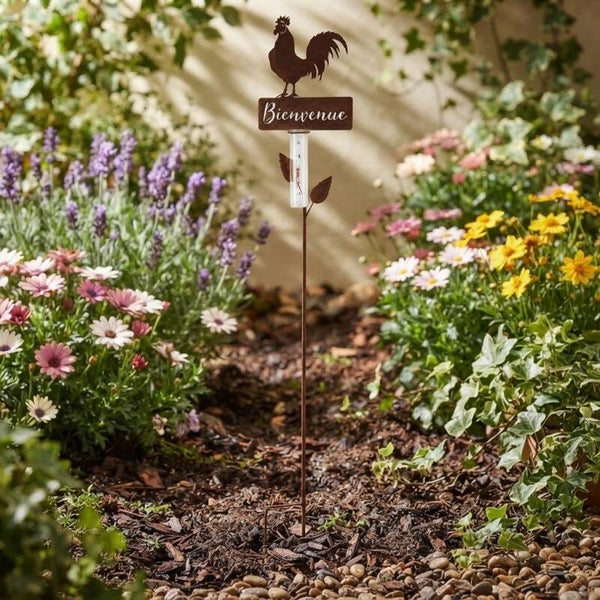 Decoratieve Roestmetalen Regenmeter met Haan en 'Bienvenue' - 20x120 cm