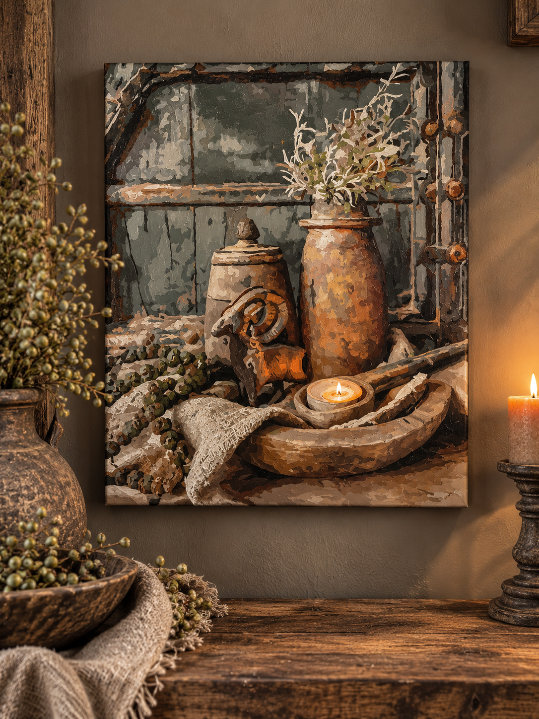 🤎 Handgeschilderde canvas – Landelijke stilleven