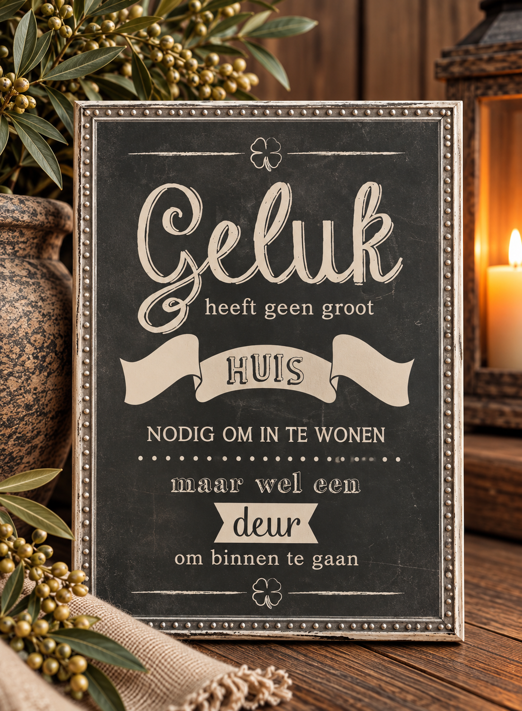🤎 Tekstbordje – Geluk heeft geen groot huis nodig